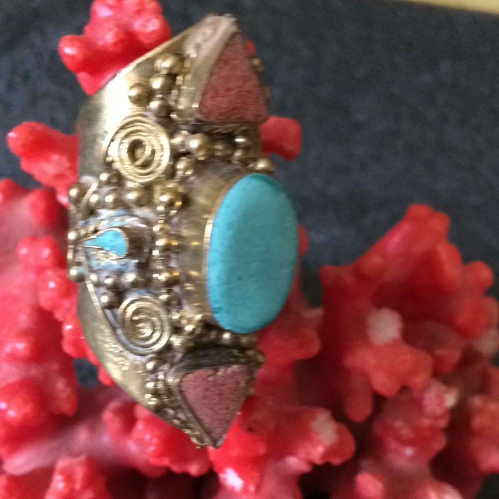 Antique turquoise blue red brass ring